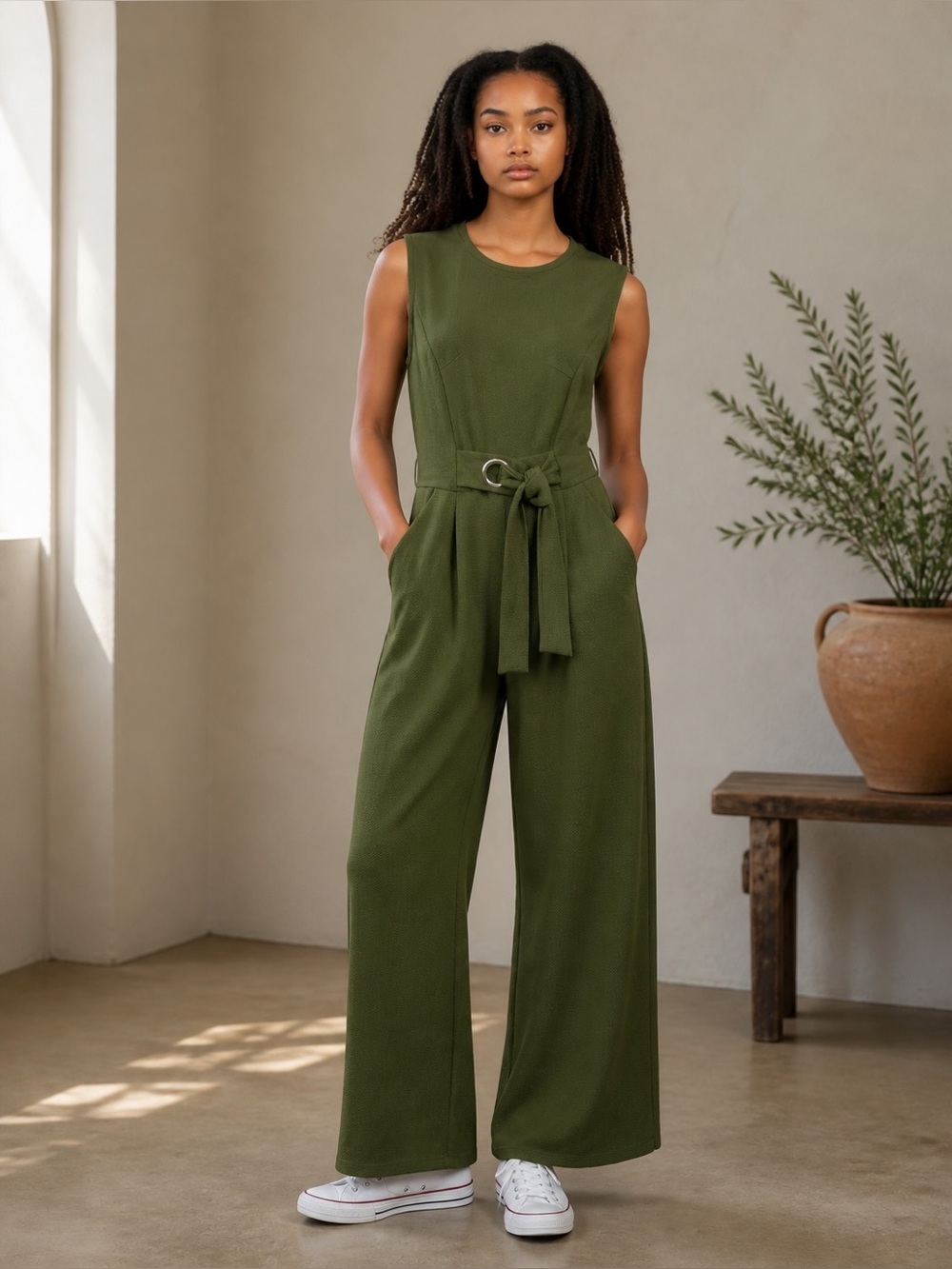 Romeo + Juliet Couture Olive Green Sleeveless Belted Wide Leg Jumpsuit L